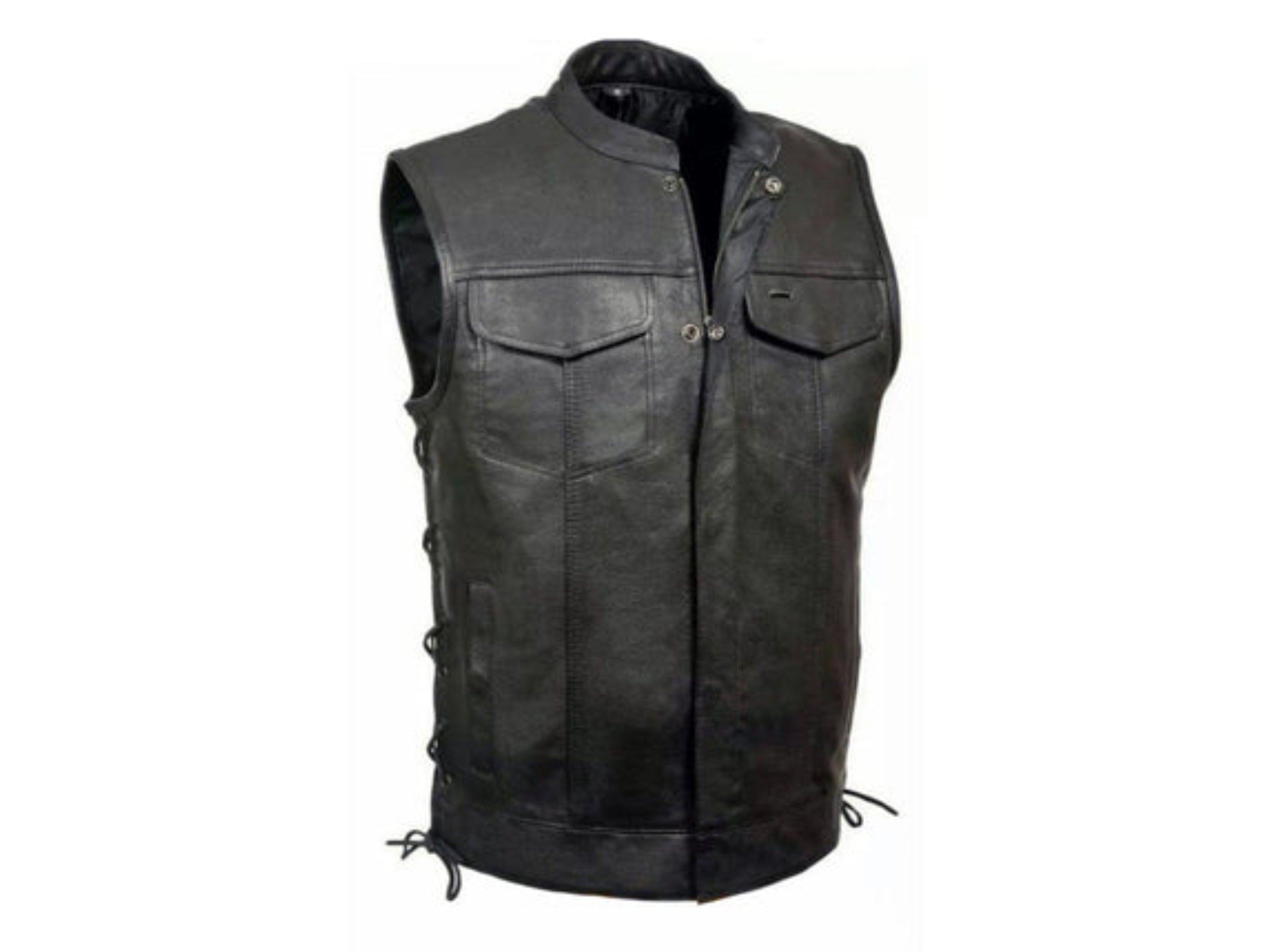 Vest Genuine Leather High Neck Double Pocket with stitching